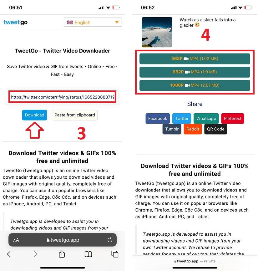 Как загрузить видео из Твиттера на свой iPhone, шаг 3 и 4