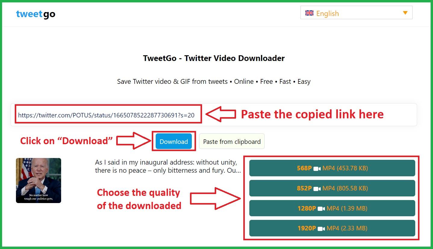 Etapas para baixar vídeos e GIFs do Twitter usando o TweetGo.app